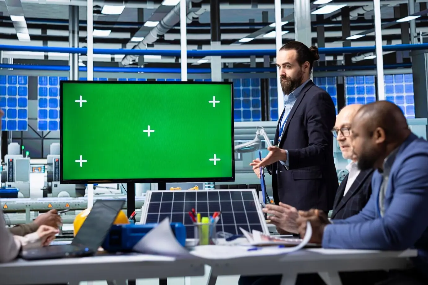 Ein Manager präsentiert Investoren mithilfe eines Chroma-Key-Monitors Materialien zu Solarmodulen.