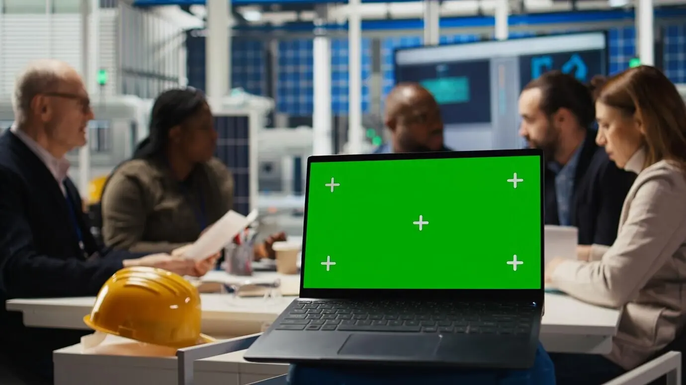 Investoren in einer Photovoltaikanlage analysieren Markttrends auf einem Laptop mit grünem Bildschirm.